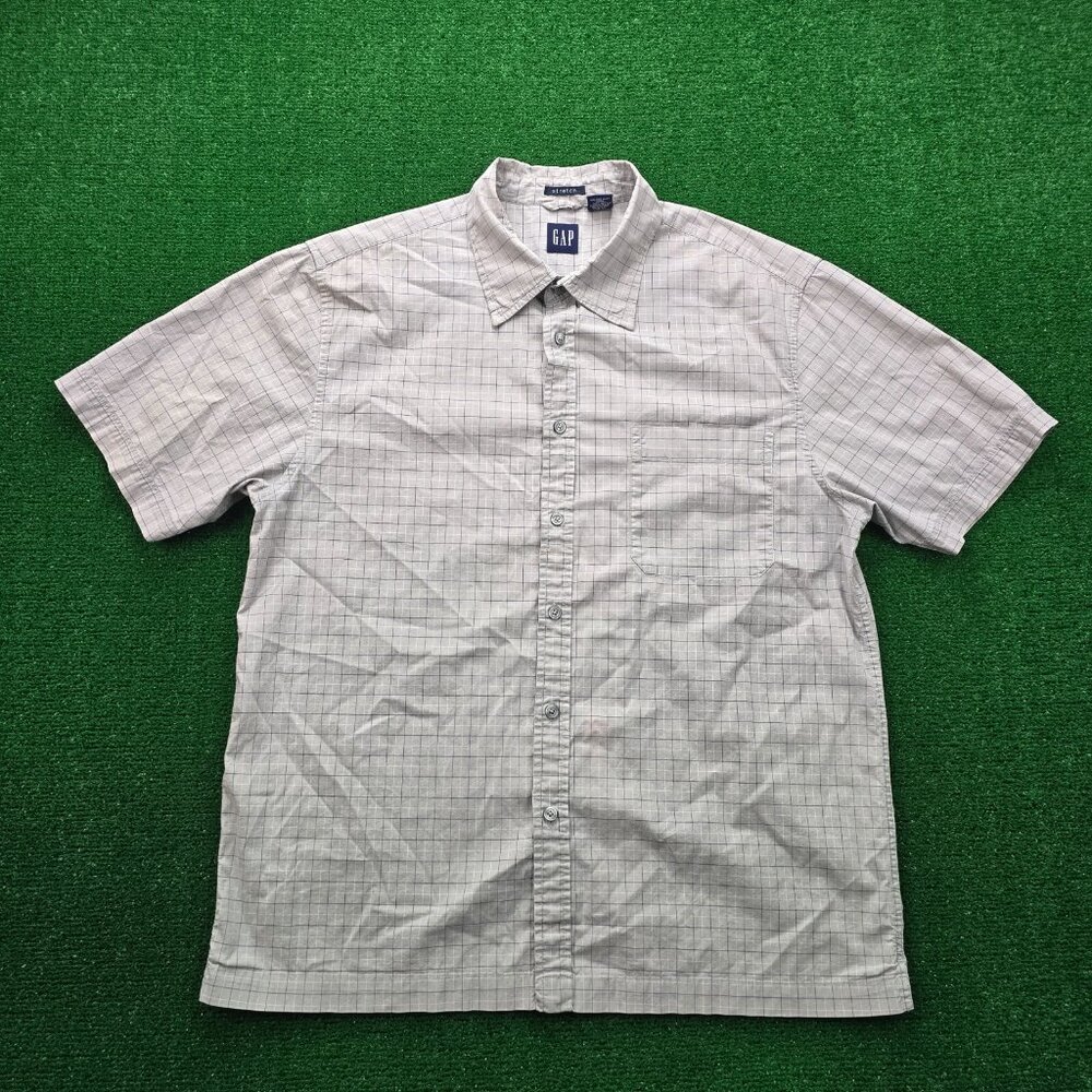 GAP Shirt Mens XL Check Grid Button Up‎ Short Sleeve Stretch Outdoor Vintage Y2K